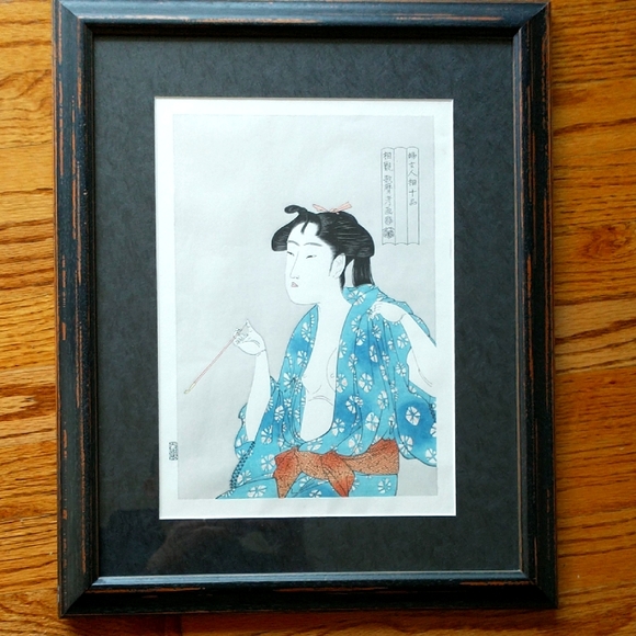 Kitagawa Utamaro Ukiyo-e Pearlescent Wooblock Print Smoking...
